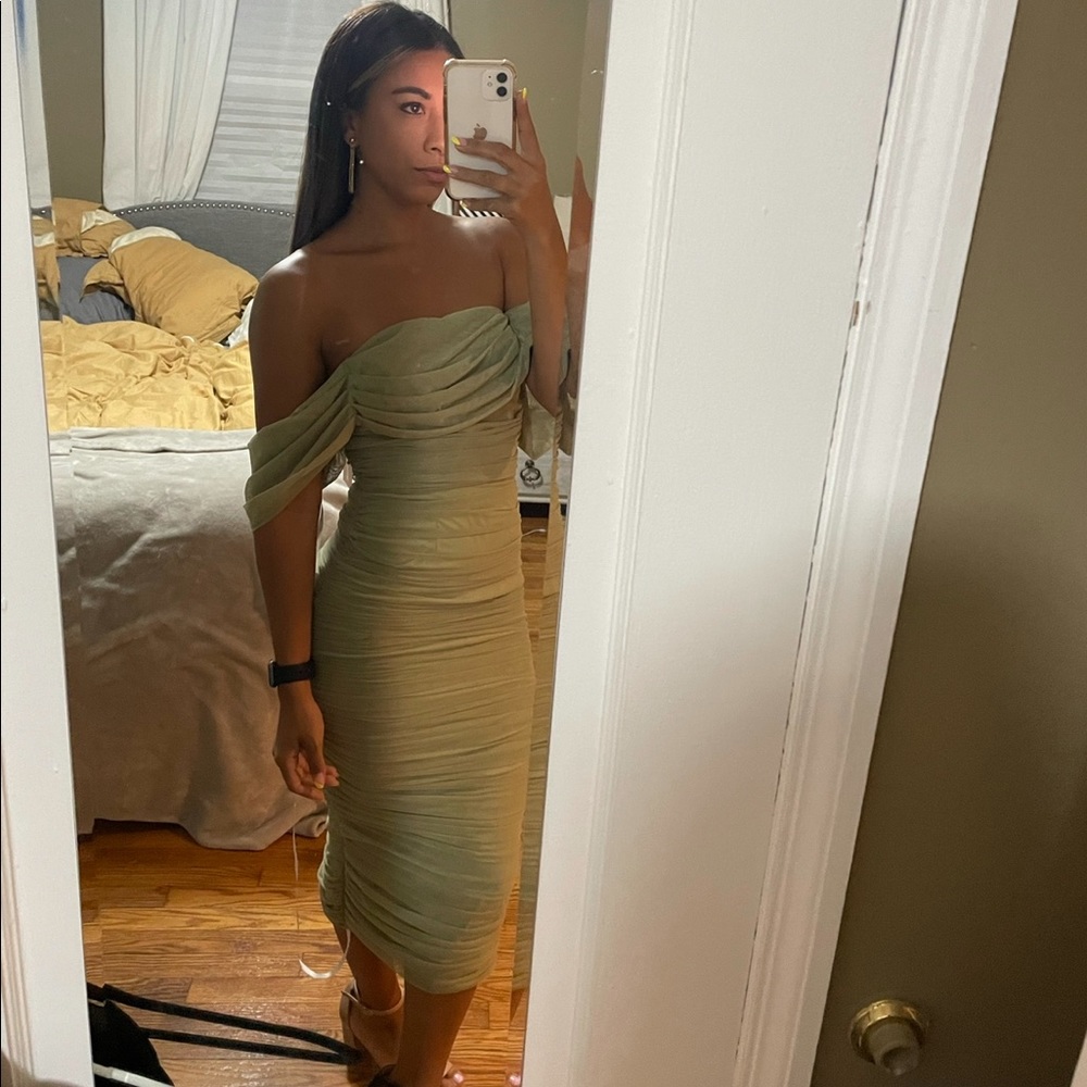 Khaki green Bardot midi dress